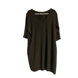 NWOT Le Chateau Black Crepe V-neck, Short Dolman Sleeve Dress with Pockets